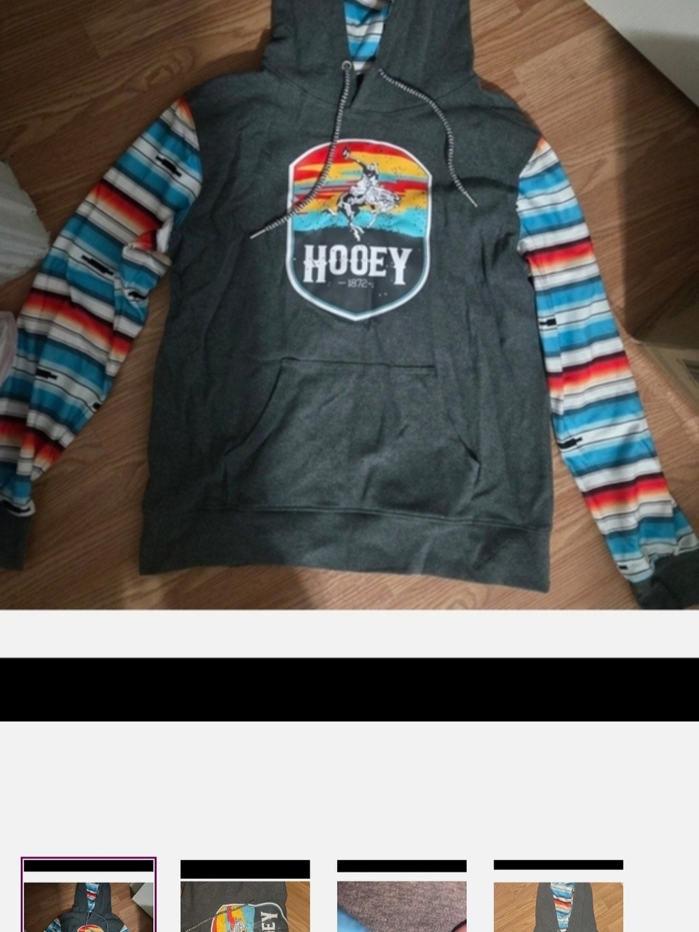 Hooey Charcoal Hoodie with Multicolor Striped Sleeves